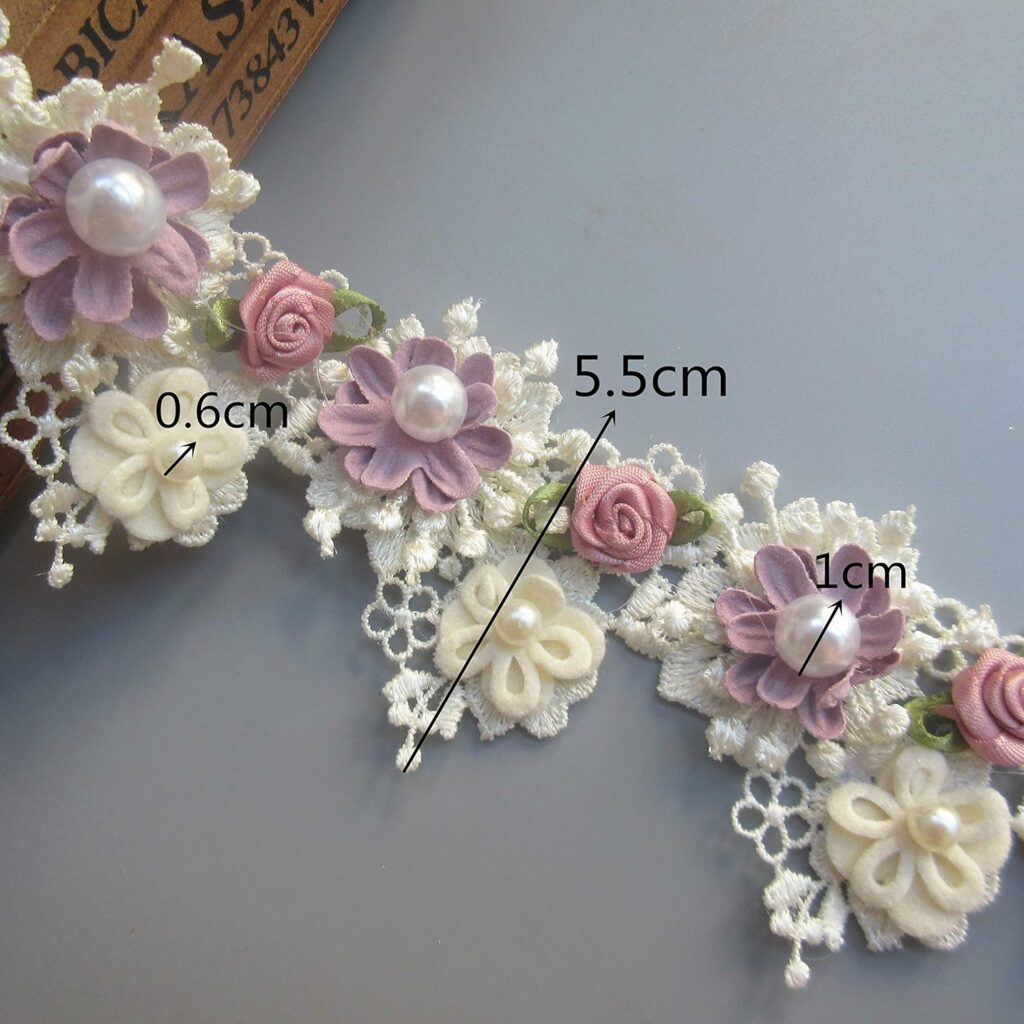1 Yard Flower Pearl Beads Lace Edge Trim Ribbon 5.5 cm Width Vintage Style Apricot Trimmings Edging Fabric Embroidered Applique Sewing Craft Wedding Bridal Dress Party Clothes Decoration