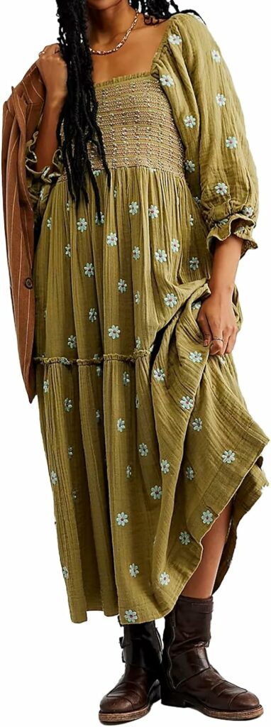 ABYOVRT Women Floral Embroidered Maxi Dress Long Puff Sleeve Square Neck Bohemian Flowy Dress with Pockets Smocked Fall Dress