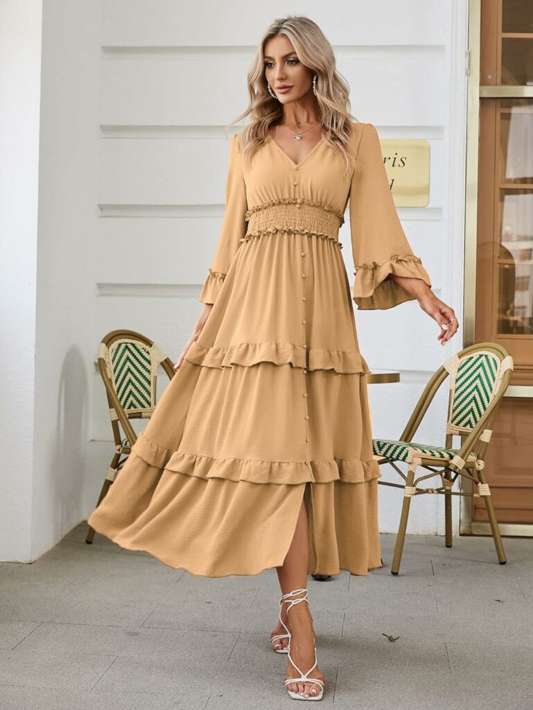 Amegoya Womens V Neck Long Sleeve Boho Maxi Dress 2023 Fall Wedding Guest Long Flowy Engagement Dresses