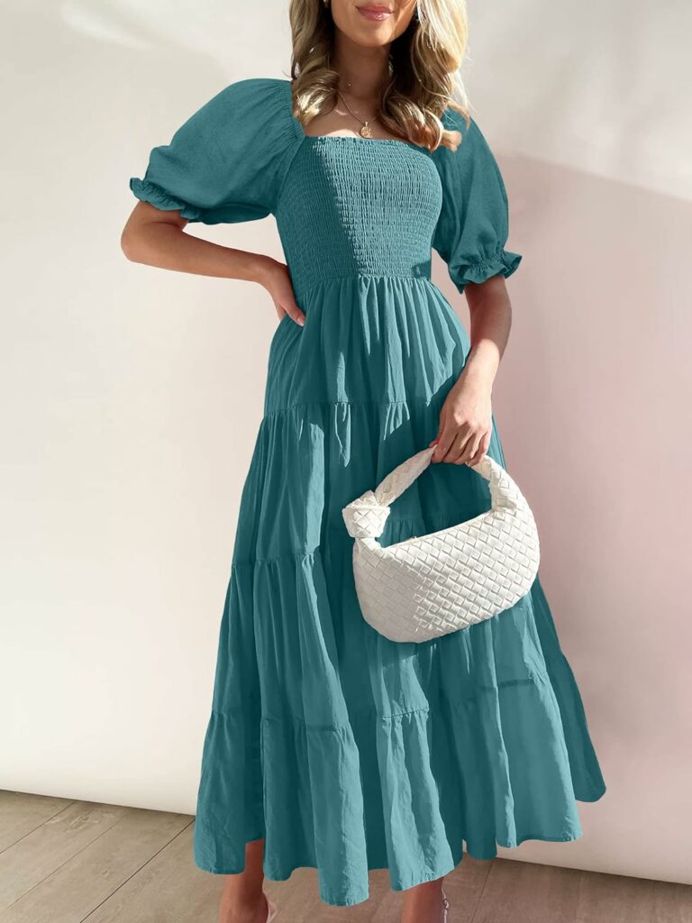 ANRABESS Womens Casual Summer Midi Dress Puffy Short Sleeve Square Neck Smocked Tiered Boho Dresses