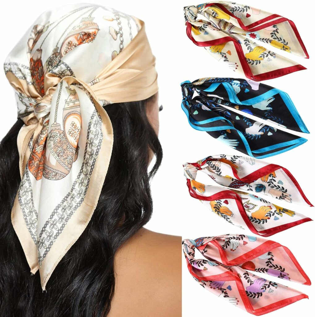 AWAYTR 23 Inches Satin Head Scarves for Women 4PCS Square Silk Like Hair Scarves Silk Hair Bandanas