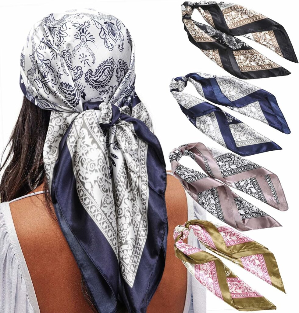 AWAYTR 35” Satin Large Square Head Scarves - 4PCS Silk Like Neck Scarf Hair Sleeping Wraps Satin Silk Scarfs for Women