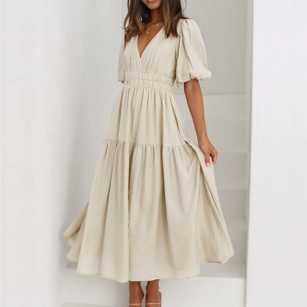 BBIQI Puff Sleeve Maxi Dress,Boho Summer Long Ruffle Dress, Cottagecore Flowy Casual Deep V Neck Smocked A-Line Midi Dress