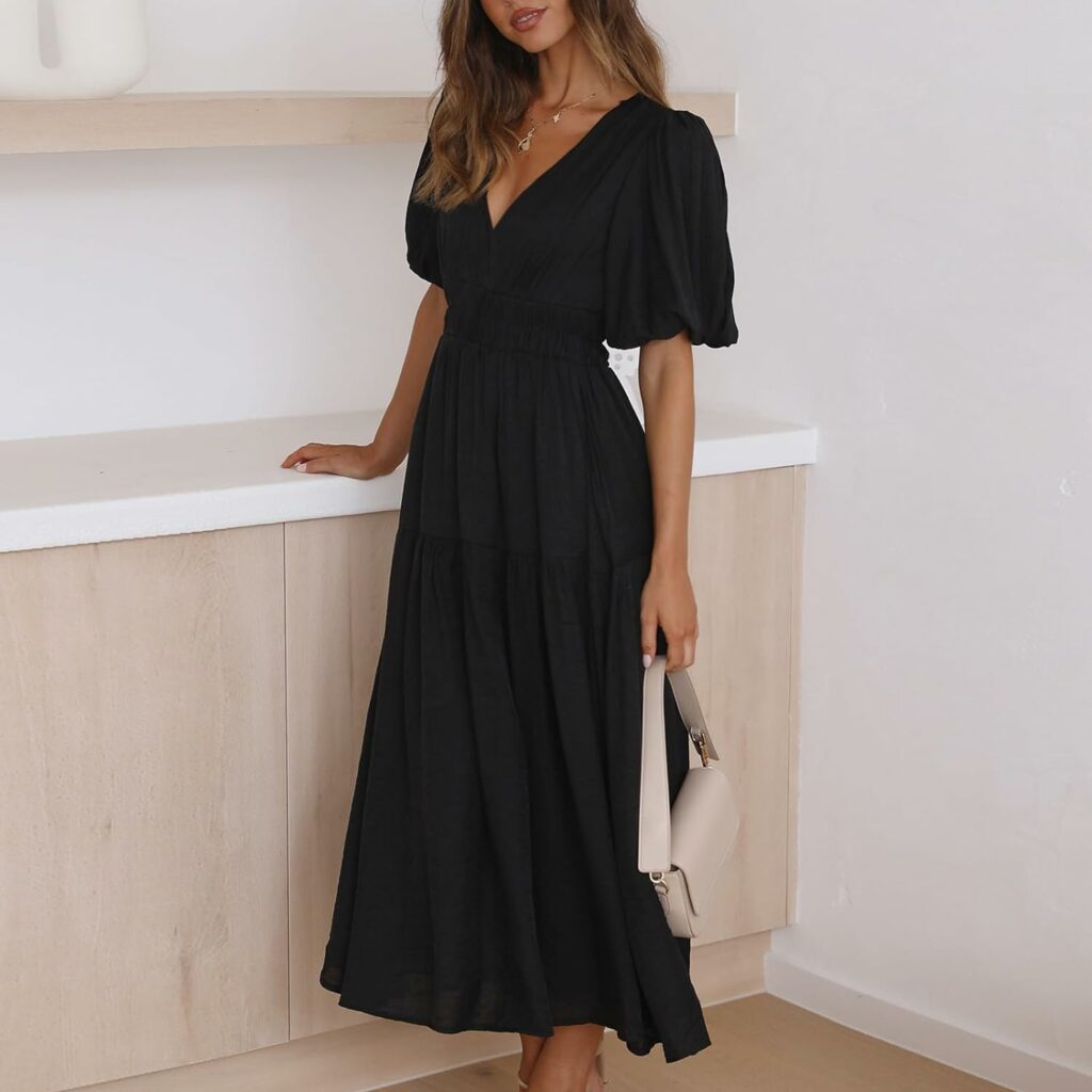 BBIQI Puff Sleeve Maxi Dress,Boho Summer Long Ruffle Dress, Cottagecore Flowy Casual Deep V Neck Smocked A-Line Midi Dress