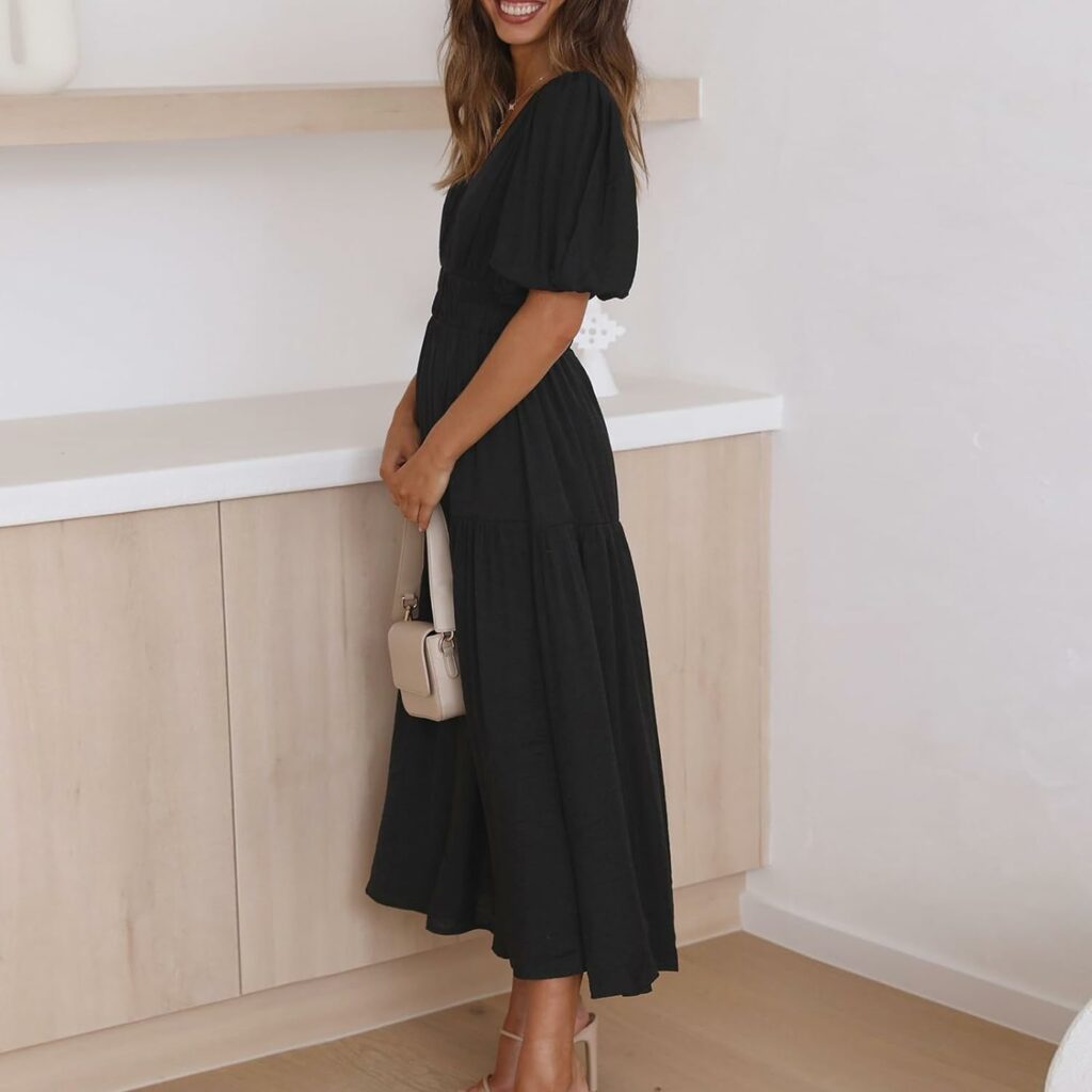 BBIQI Puff Sleeve Maxi Dress,Boho Summer Long Ruffle Dress, Cottagecore Flowy Casual Deep V Neck Smocked A-Line Midi Dress