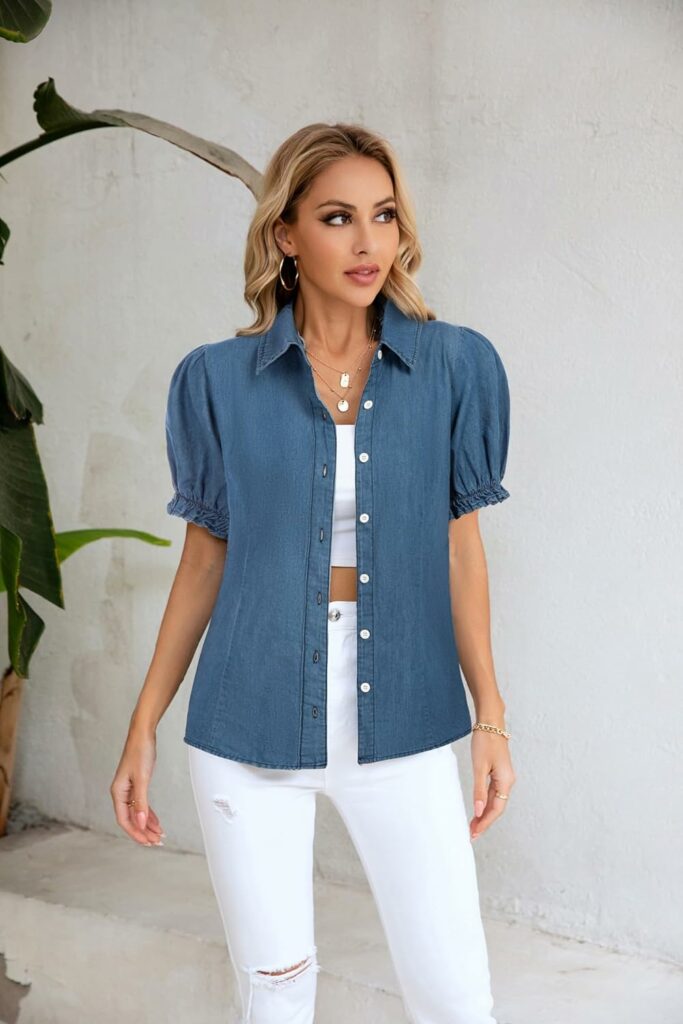 Belle Poque Summer Short Sleeve Office Button Down Blouse Stripe Shirt Tops with Bow Tie BP573