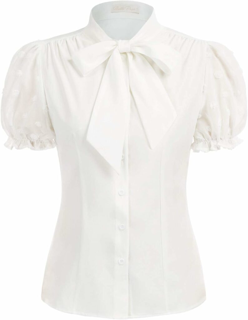 Belle Poque Summer Short Sleeve Office Button Down Blouse Stripe Shirt Tops with Bow Tie BP573