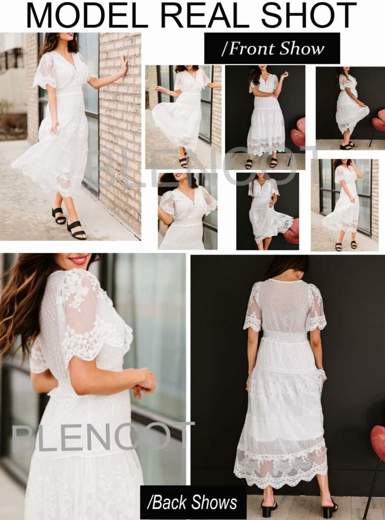 BLENCOT Womens Casual Summer Floral Lace Long Dress Short Sleeve Elegant Bohemian Dress Fashion Flowy Maxi Dress