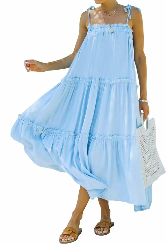 BTFBM Women 2023 Summer Maxi Dresses Sleeveless Spaghetti Strap Casual Sundress Tiered Ruffle Boho Cami Beach Long Dress