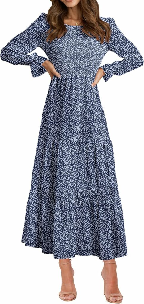 BTFBM Women Casual Long Sleeve Crew Neck Fall Dress Bohemian Relaxed Fit Floral Flowy Maxi Dresses Tiered Cocktail Dress