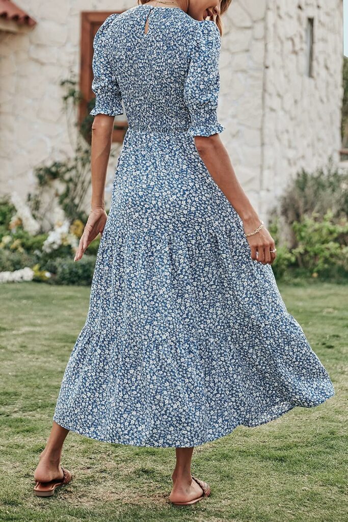 BTFBM Women Casual Summer Dresses 2023 Spring Crew Neck Ruffle Short Sleeve Floral Print Smocked Boho Flowy Maxi Dress