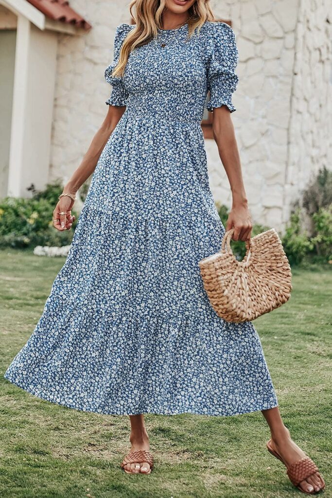 BTFBM Women Casual Summer Dresses 2023 Spring Crew Neck Ruffle Short Sleeve Floral Print Smocked Boho Flowy Maxi Dress