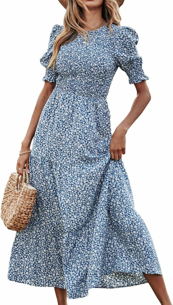 BTFBM Women Casual Summer Dresses 2023 Spring Crew Neck Ruffle Short Sleeve Floral Print Smocked Boho Flowy Maxi Dress