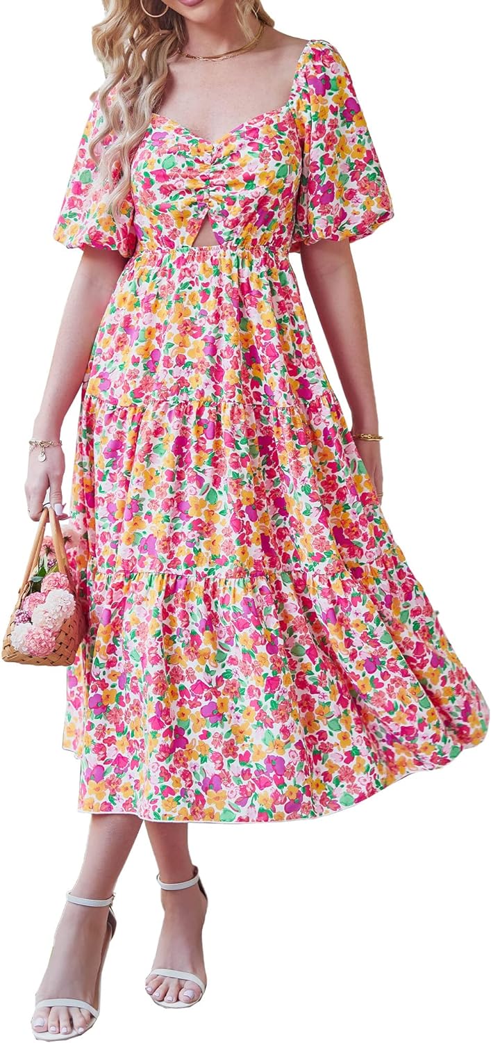 BTFBM Women Summer Dresses 2023 Casual Flowy Beach Square Neck Puff Short Sleeve Smocked Back Boho Floral Long Maxi Dress Review