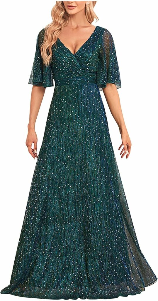 Charella Boho Dress for Women Shiny Cocktail Party Dresses Sequined Flowy Swing Long Midi Dress Ruched Waist Tuck Mesh Dress