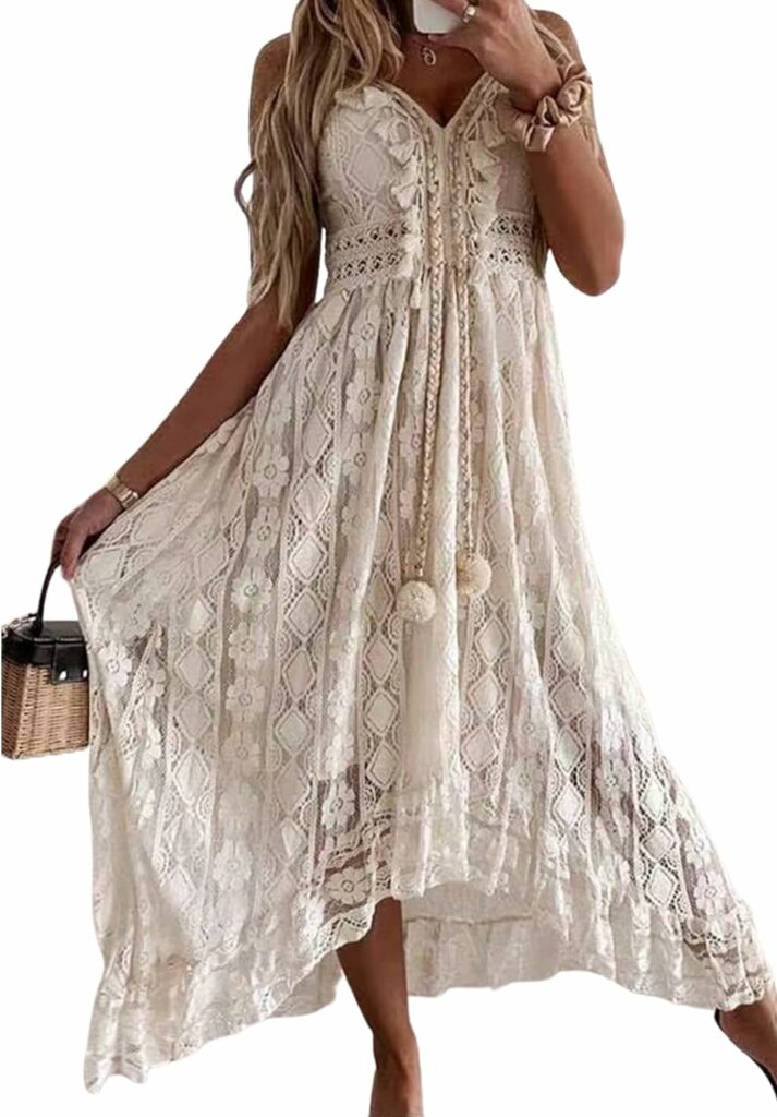 CUPSHE Womens Lace Up Dresses Boho Tassel V-Neck Flare Ruffle Beach