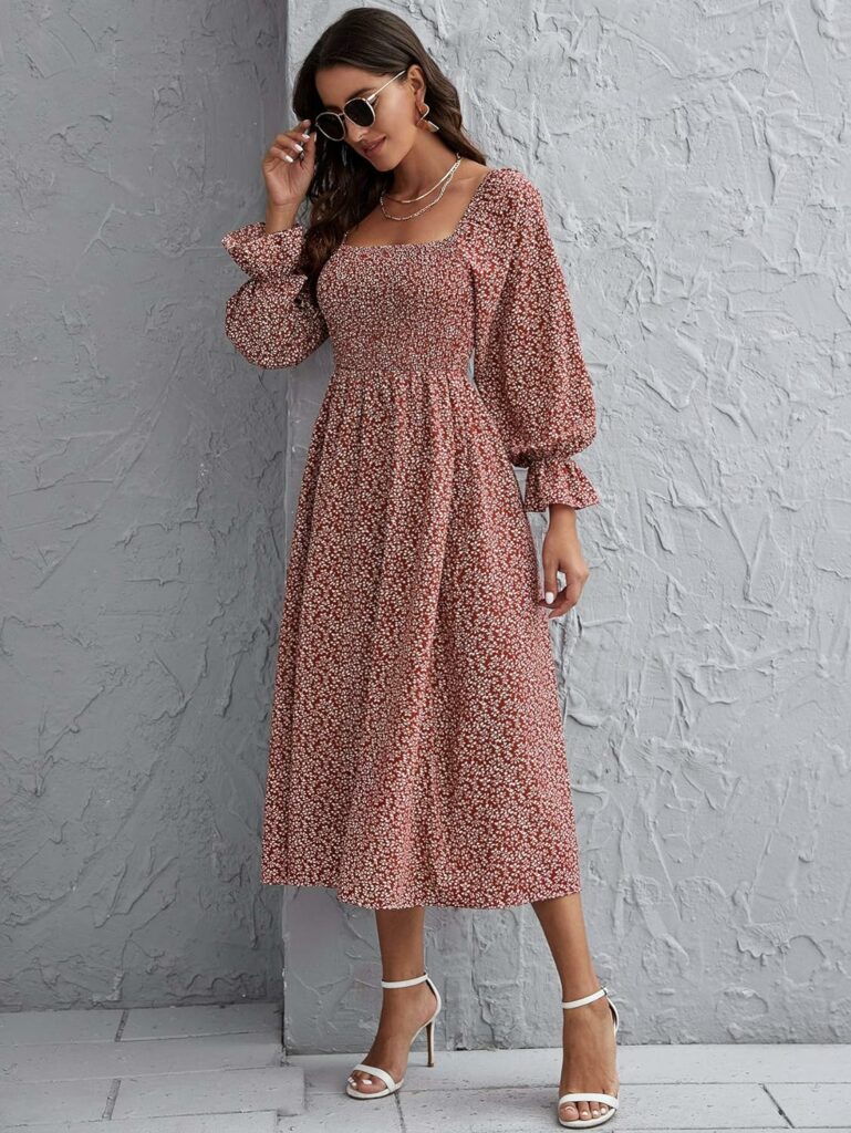 Floerns Womens Boho Square Neck Smocked Long Puff Sleeve A Line Maxi Dress