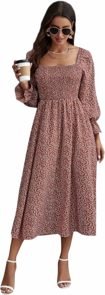 Floerns Womens Boho Square Neck Smocked Long Puff Sleeve A Line Maxi Dress