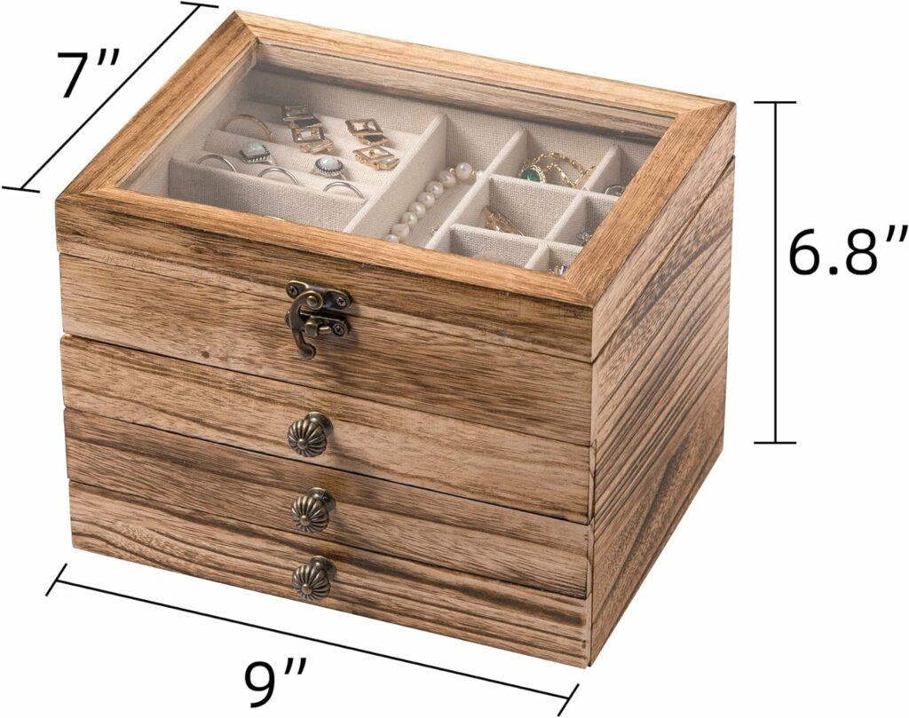 Frebeauty Wooden Jewelry Box 3 Layer Vintage Jewelry Organizer with Clear Lid Rustic Wood Jewelry Holder Jewelry Case for Rings Bracelets Brooches Jewelry Storage(Mild Carbonization)