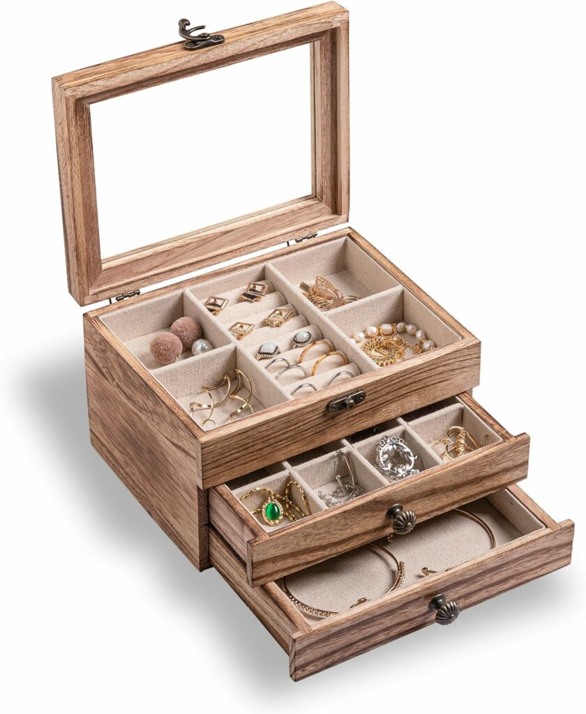 Frebeauty Wooden Jewelry Box 3 Layer Vintage Jewelry Organizer with Clear Lid Rustic Wood Jewelry Holder Jewelry Case for Rings Bracelets Brooches Jewelry Storage(Mild Carbonization)