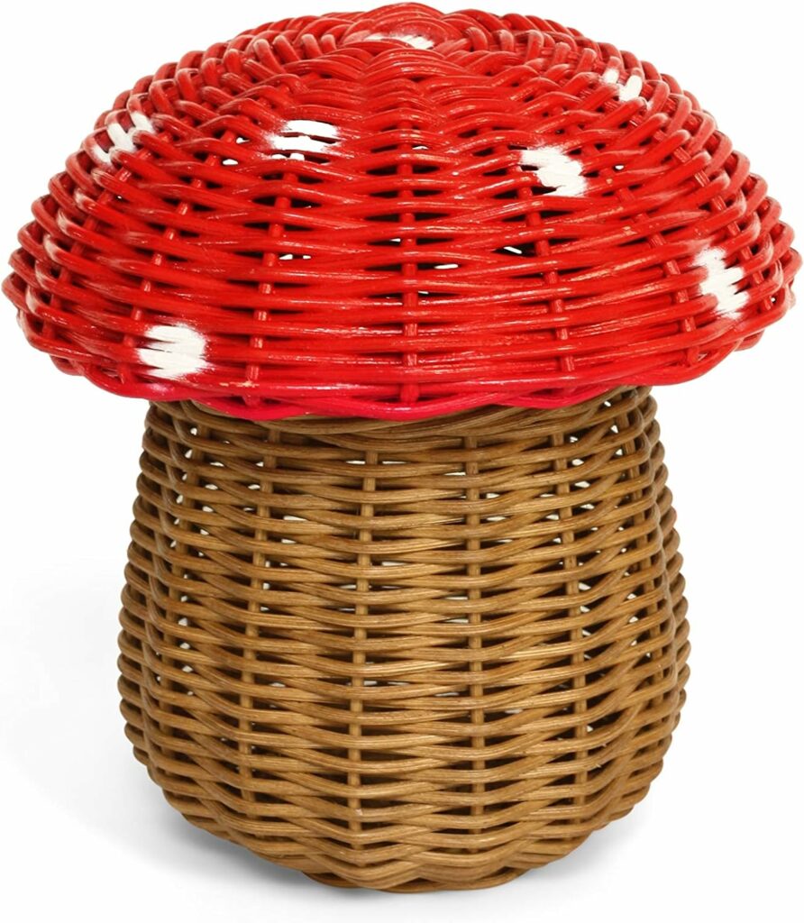 G6 COLLECTION Mushroom Rattan Storage Basket With Lid Decorative Bin Home Decor Hand Woven Shelf Organizer Cute Handmade Handcrafted Gift Art Decoration Artwork Wicker Mushroom