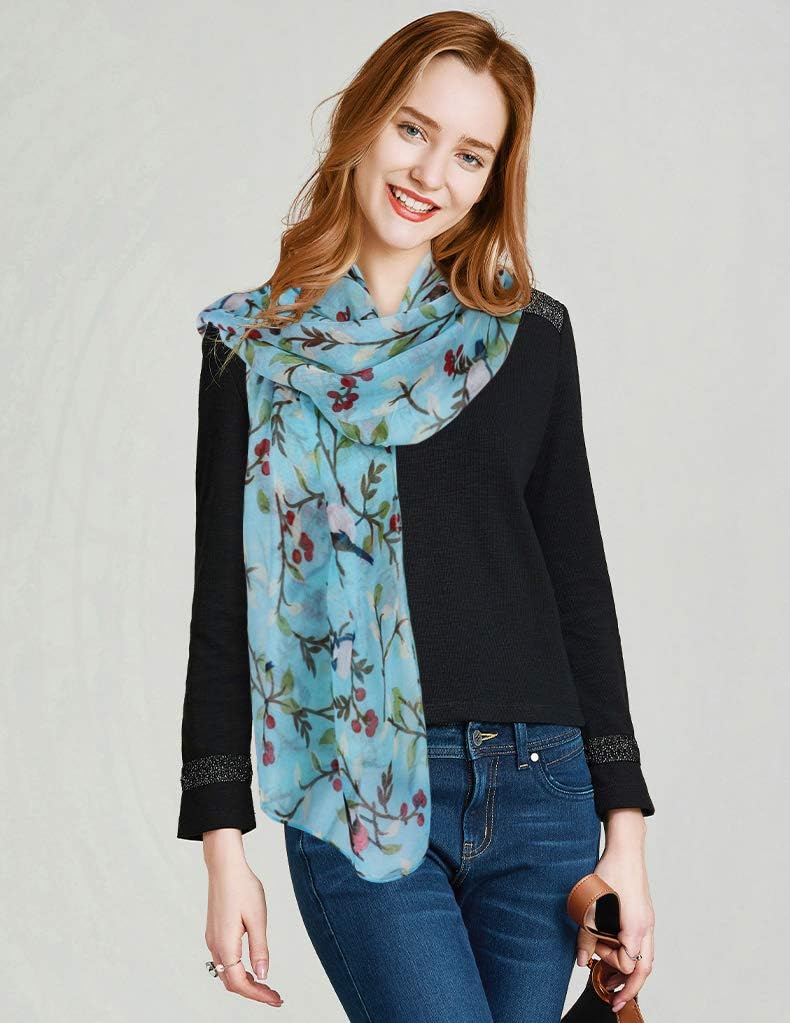 GERINLY Scarfs for Women Lightweight Floral Birds Print Cotton Scarves and Wraps for Winter Shawl