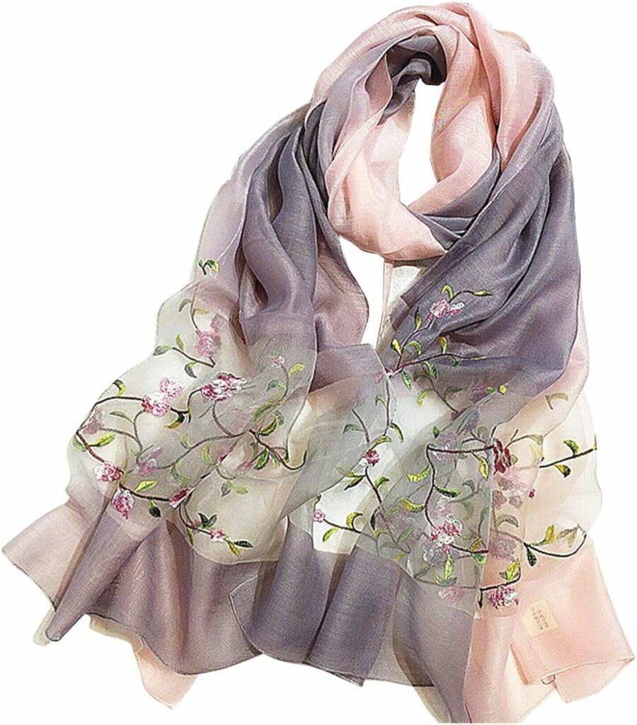 GOFINEE Women SilkWool Gradient Embroidered Scarf Headwrap Shawl