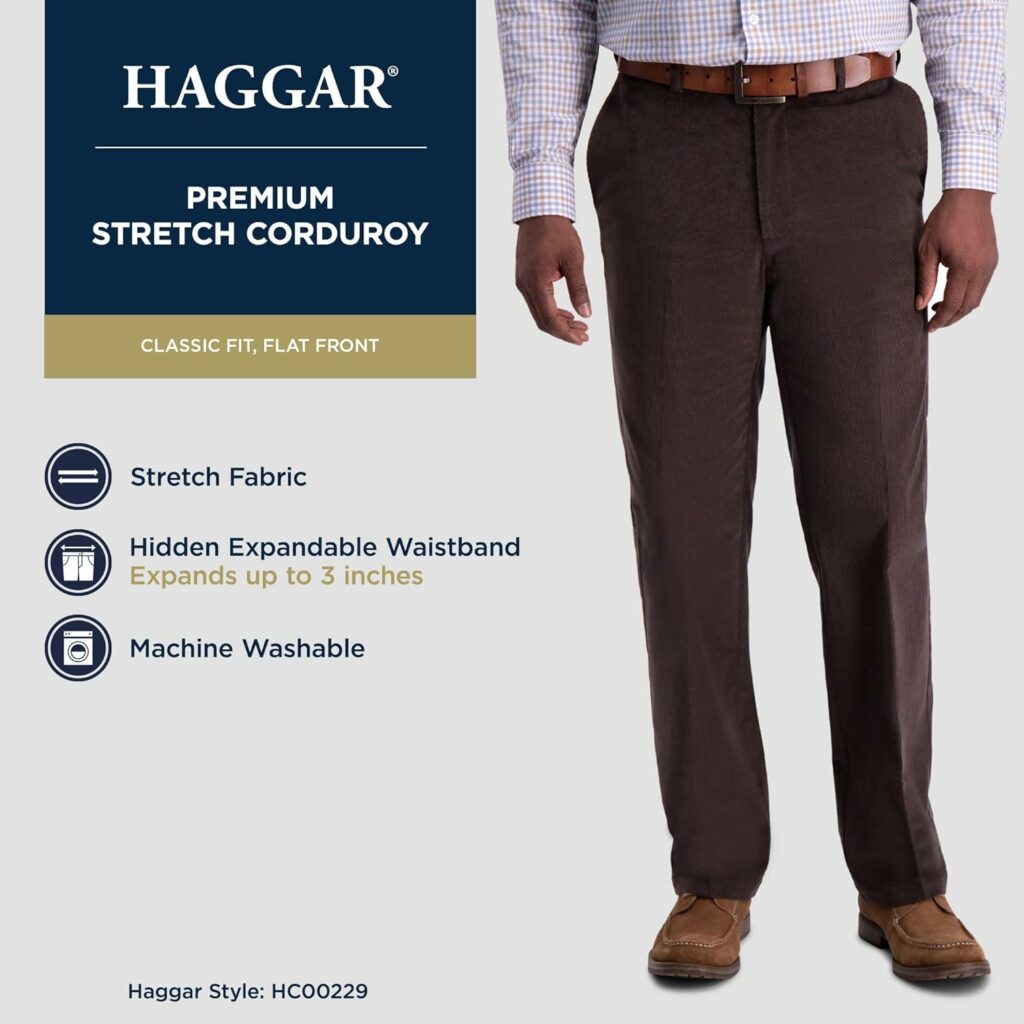 Haggar Mens Corduroy Expandable Waist Classic  Straight Fit Flat Front Pant