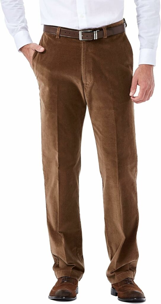 Haggar Mens Corduroy Expandable Waist Classic  Straight Fit Flat Front Pant