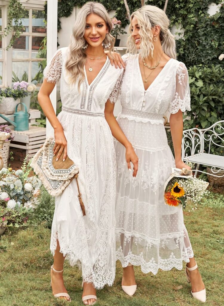 Happy Sailed Womens V Neck Button Down Floral Lace Maxi Dress Short Sleeve Boho Flowy Dresses