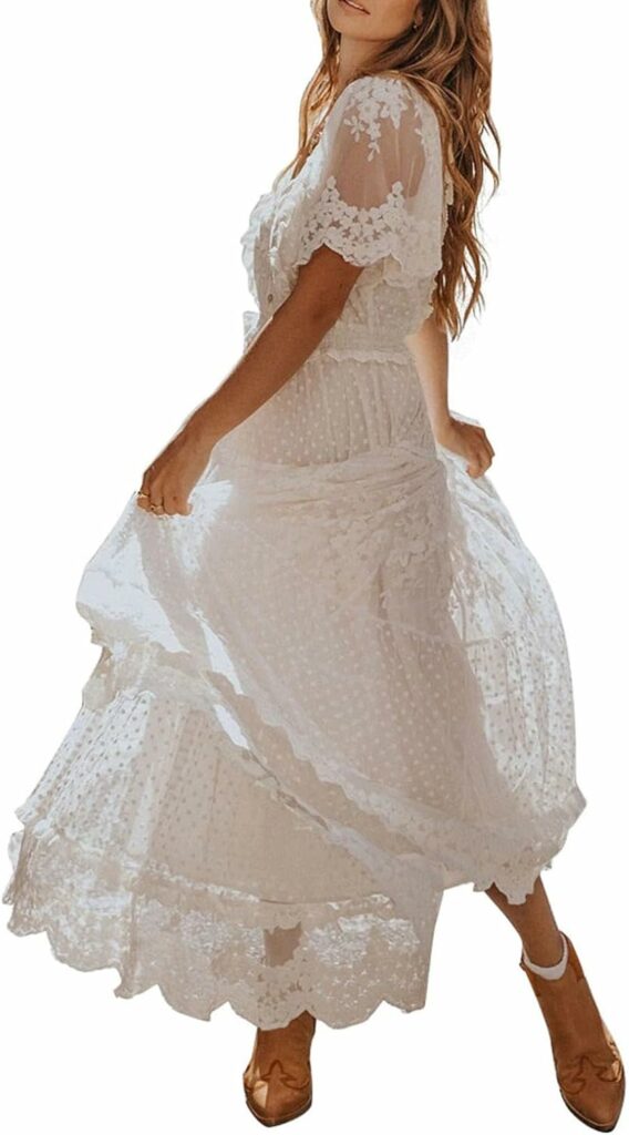 Happy Sailed Womens V Neck Button Down Floral Lace Maxi Dress Short Sleeve Boho Flowy Dresses