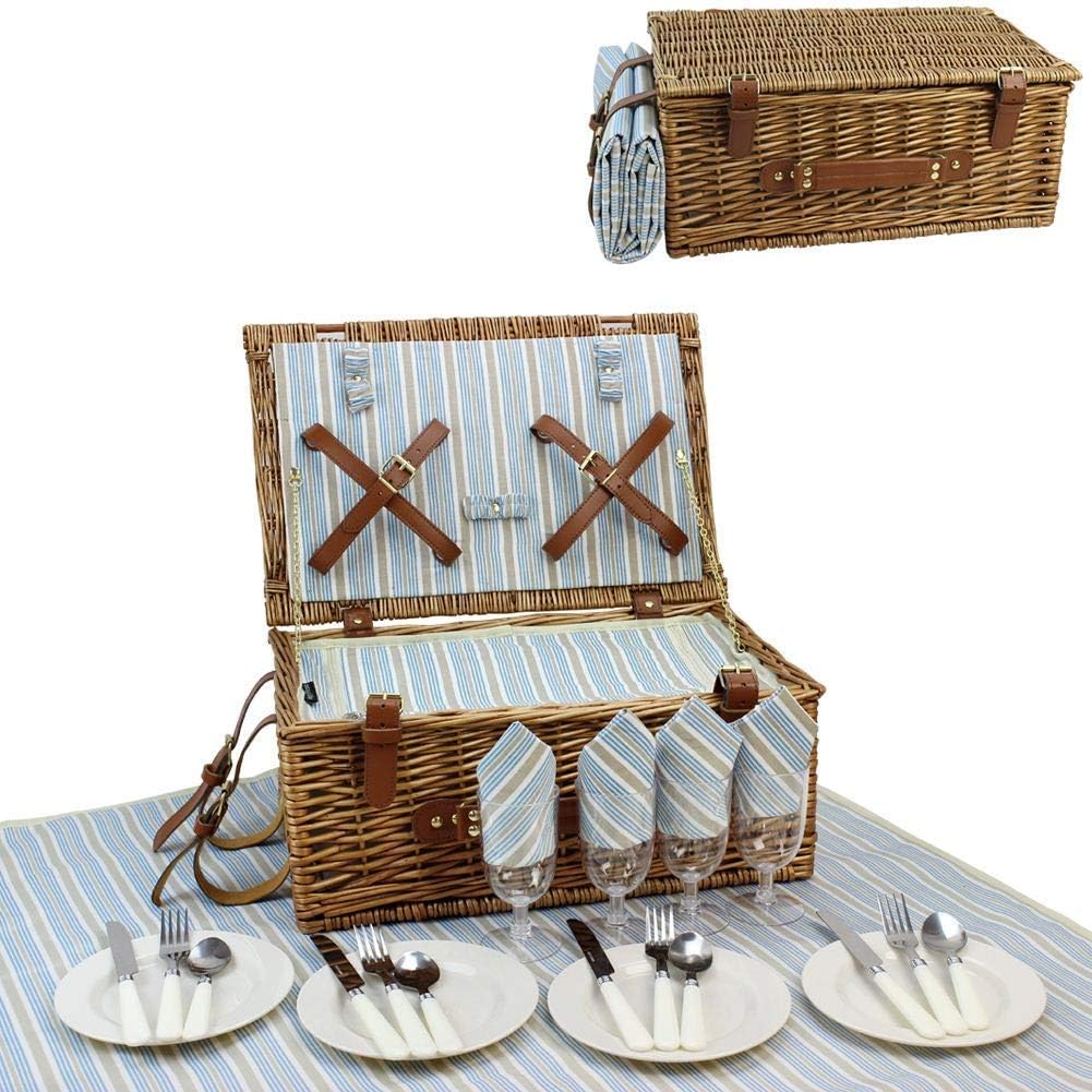 HappyPicnic Wicker Picnic Basket Set for 4 Persons | Large Willow Hamper with Large Insulated Cooler Compartment, Free Waterproof Blanket and Cutlery Service Kit-Classical Brown