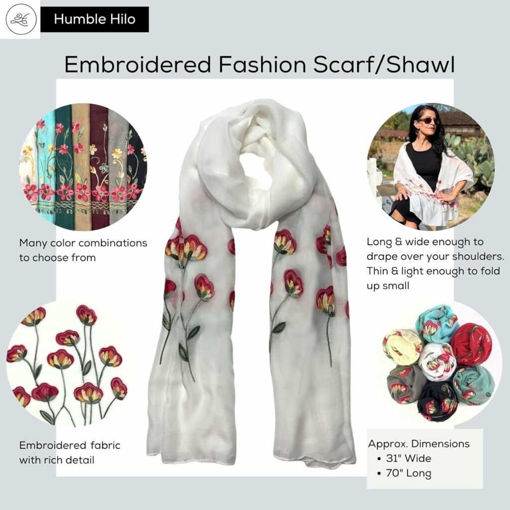 Humble Hilo Embroidered Floral Scarves Elegant Lightweight Colorful Shawl Wrap Scarf for Women