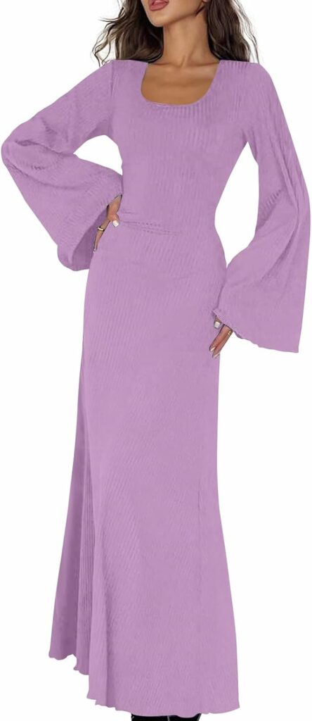 INGWHW Womens Elegant Tie-Waist Knitted Dress Horn Sleeve Maxi U Neck Solid Color Long Dress Ribbed Bodycon, One Size