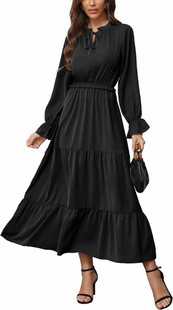 KIRUNDO Womens 2023 Fall Long Sleeve Tie Crew Neck Maxi Dress Casual Empire Waist Boho Ruffle Flowy Long Dresses