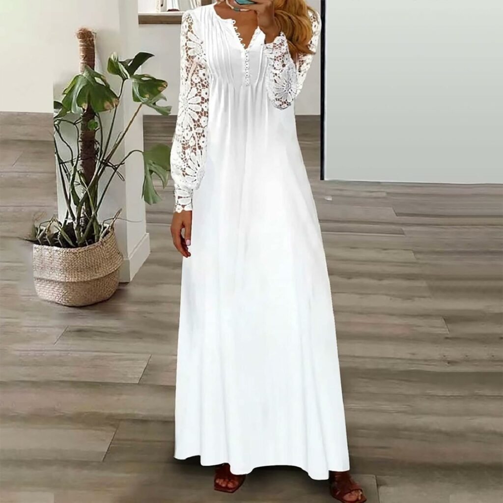 Lace Long Sleeve Wedding Guest Dresses for Women Casual Loose Boho Floral Flowy Maxi Dress Henley v Neck Tshirt Dress