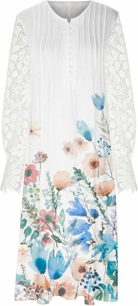 Lace Long Sleeve Wedding Guest Dresses for Women Casual Loose Boho Floral Flowy Maxi Dress Henley v Neck Tshirt Dress