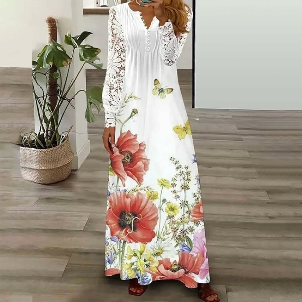 Lace Long Sleeve Wedding Guest Dresses for Women Casual Loose Boho Floral Flowy Maxi Dress Henley v Neck Tshirt Dress