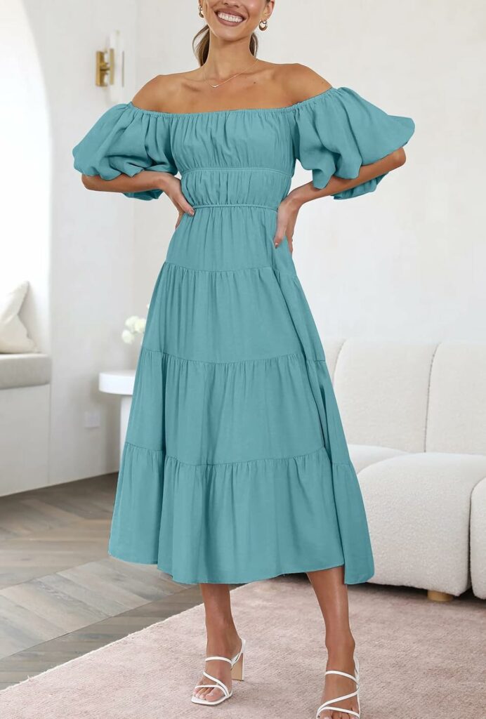 LILLUSORY Off The Shoulder Dresses for Women 2023 Summer Smocked Midi Dress