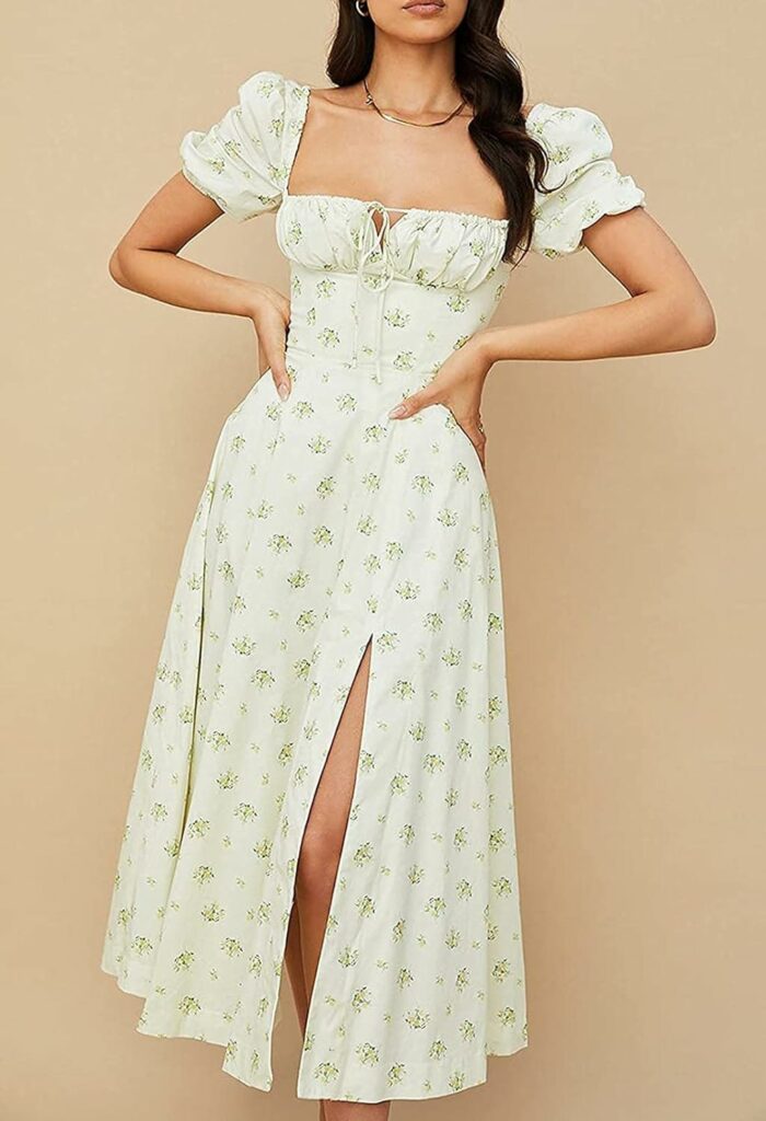 Linsery Womens Puff Sleeve Floral Maxi Dress Elegant Square Neck Cottagecore Boho Split Long Dresses