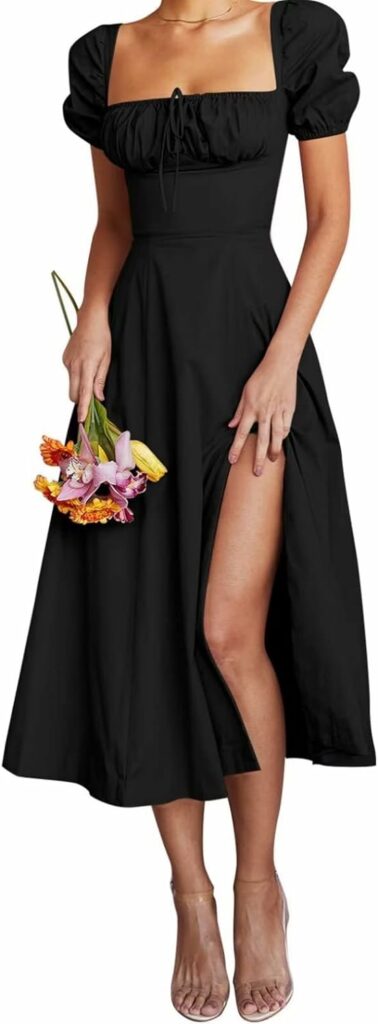 Linsery Womens Puff Sleeve Floral Maxi Dress Elegant Square Neck Cottagecore Boho Split Long Dresses