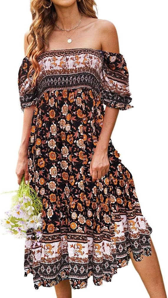Locryz Womens Summer Boho Floral Print Square Neck Ruffle Swing Beach Party Long Maxi Dress