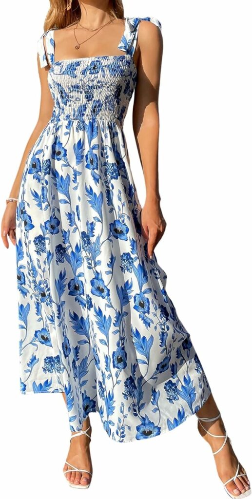 MakeMeChic Womens Summer Boho Dress Floral Print Spaghetti Strap Square Neck Shirred Maxi Dress Beach Sun Dress