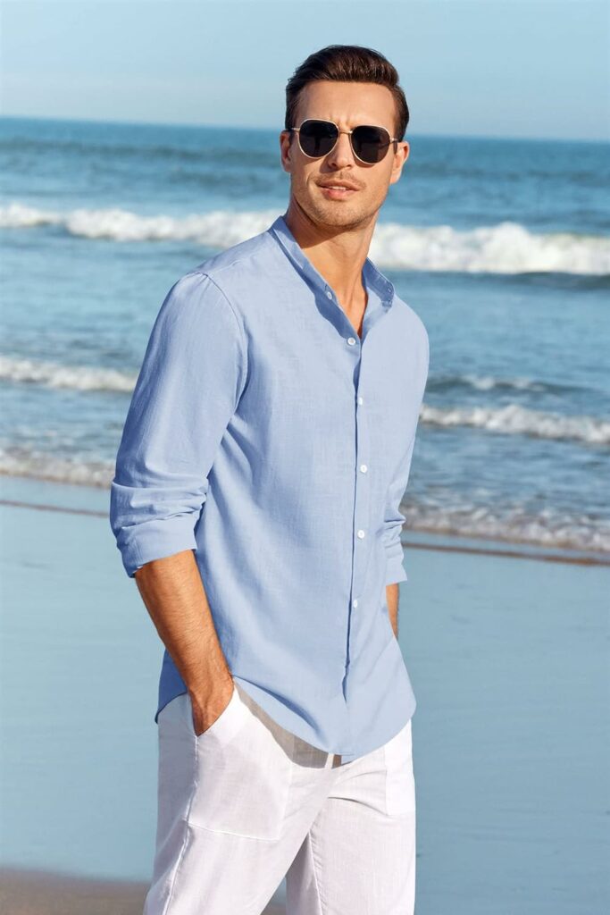 Makkrom Mens Casual Button Down Cotton Linen Shirts Long Sleeve Band Collar Beach Shirt Top