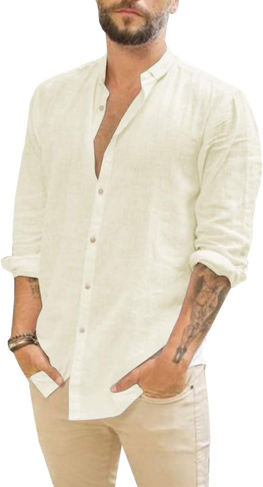 Makkrom Mens Casual Button Down Cotton Linen Shirts Long Sleeve Band Collar Beach Shirt Top