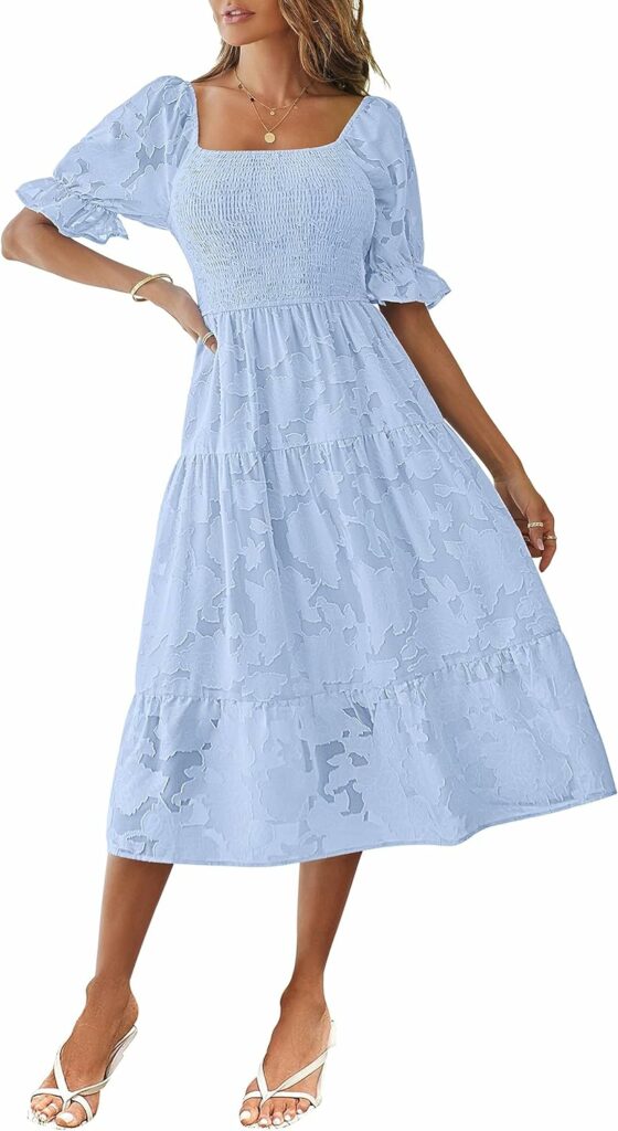 MEROKEETY Womens 2023 Summer Short Puff Sleeve Smocked Square Neck Floral Textured Tiered Midi Dress