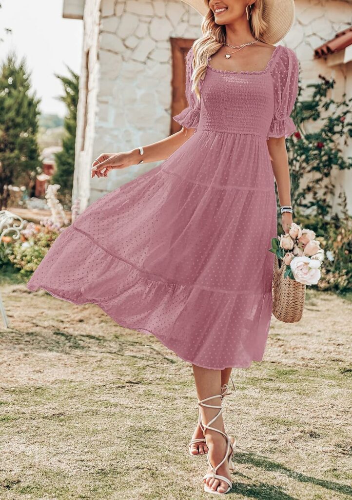 MEROKEETY Womens 2023 Summer Square Neck Puff Sleeve Boho Midi Dress Swiss Dot Ruffle Flowy Tie Back Dress