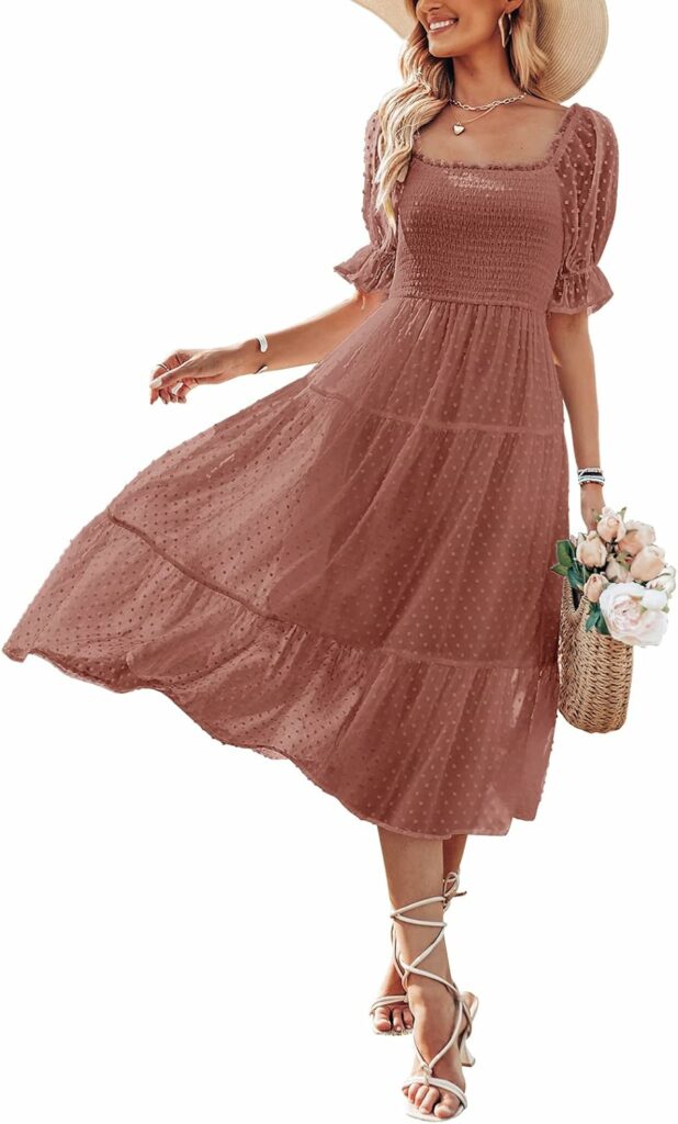 MEROKEETY Womens 2023 Summer Square Neck Puff Sleeve Boho Midi Dress Swiss Dot Ruffle Flowy Tie Back Dress