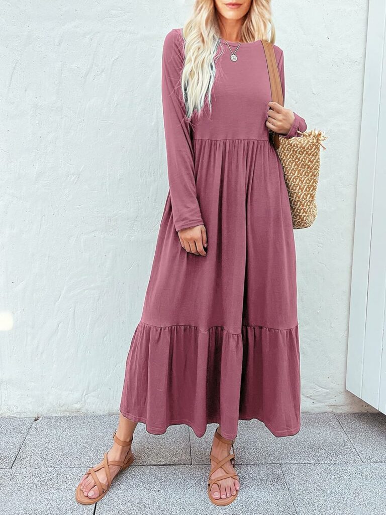 Mieazom Womens Long Sleeves Maxi Dress Casual Loose Tiered Flowy Swing Beach Long Dresses with Pockets