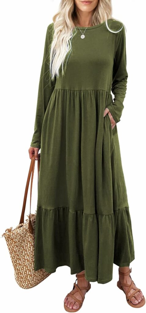 Mieazom Womens Long Sleeves Maxi Dress Casual Loose Tiered Flowy Swing Beach Long Dresses with Pockets